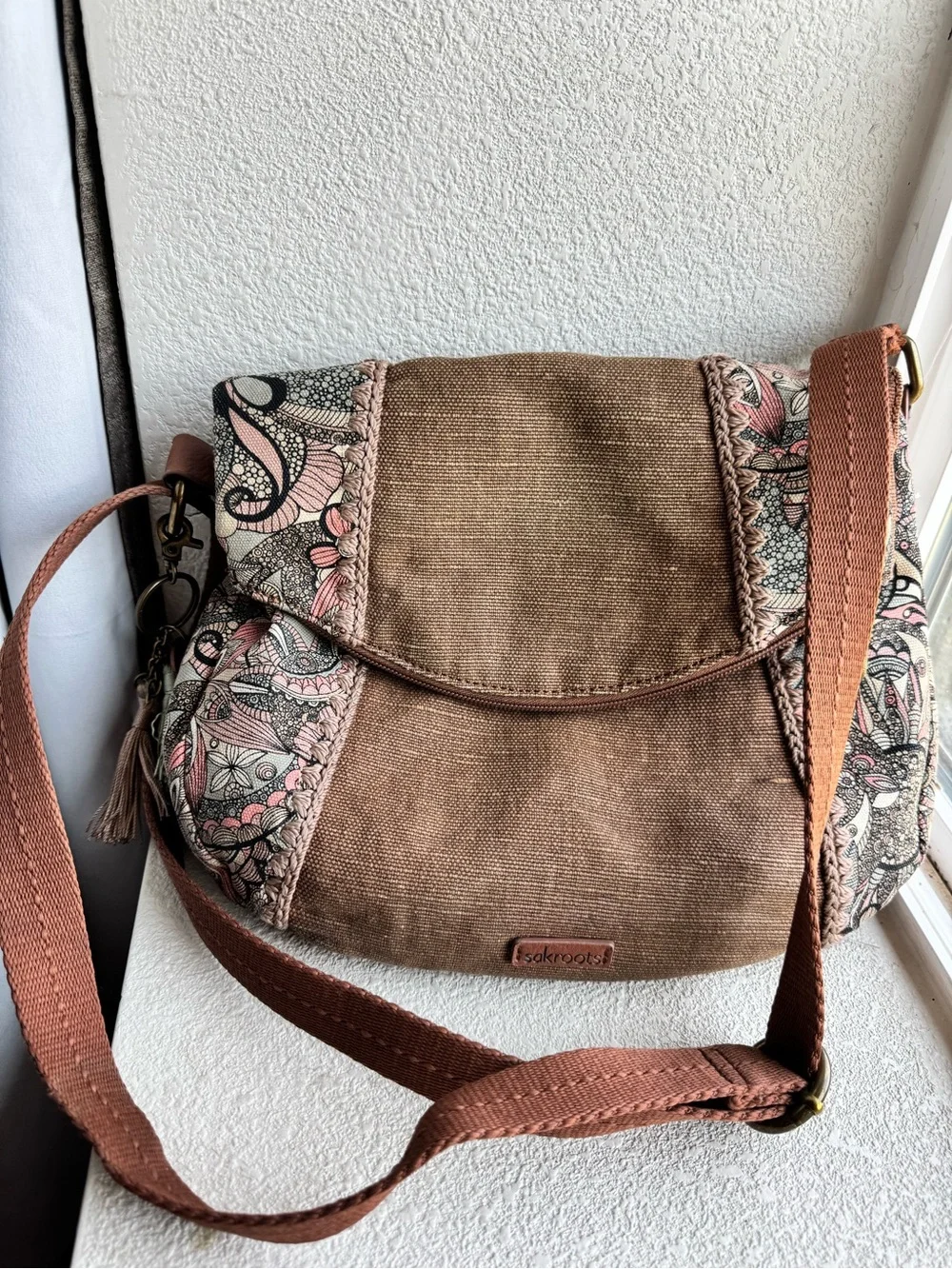 Sakroots Floral Accent Crossbody in Dusty Rose and Brown